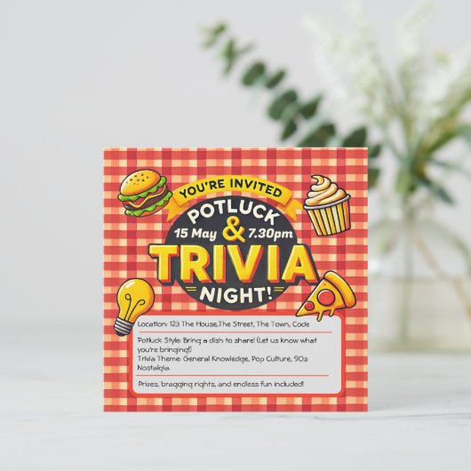 Potluck en Trivia-avond nodigen uit tot geluk Kaart (Staand voorkant)