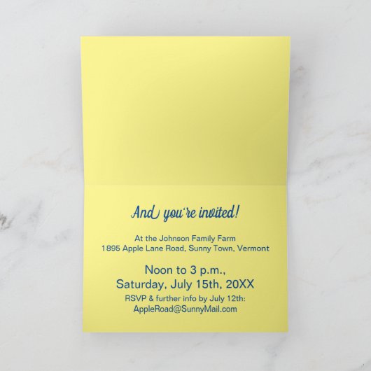 Potluck-uitnodiging, blauw en wit, gevouwen uitnod (Binnen)