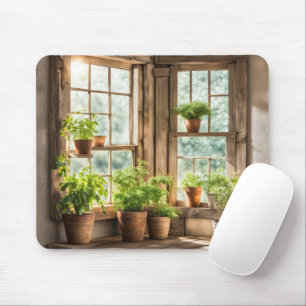 Pots met planten in een zonnig boerderijraam muismat