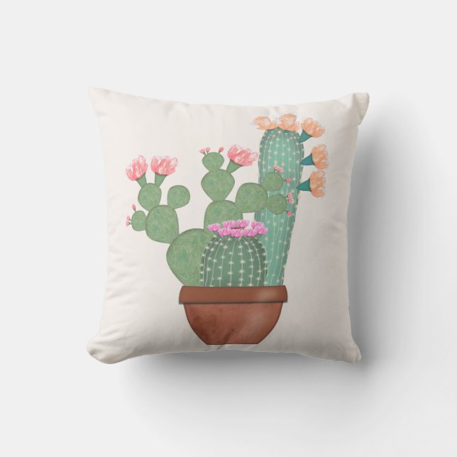 Potted Bloeiende Cactus Aquarel Buitenkussen (Voorkant)