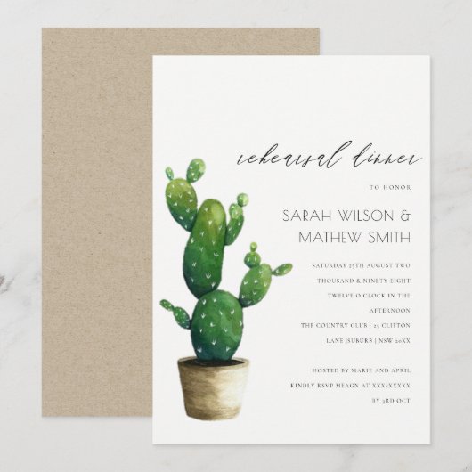 Potted Cactus Green Fauna Rehearsal Dinner Invite Bedankkaart (Voorkant / Achterkant)