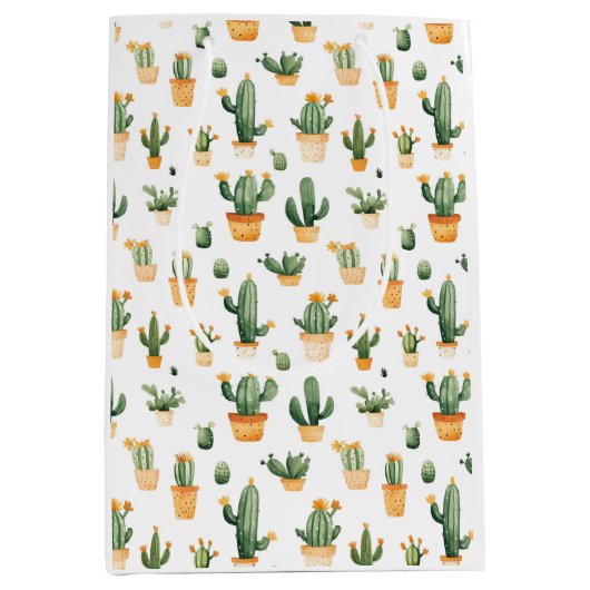 Potted Cactus op Witte Gift Bag Medium Cadeauzakje (Voorkant)