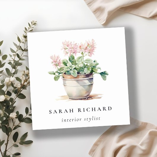 Potted Floral House Planten Waterverf Botanisch Vierkante Visitekaartje