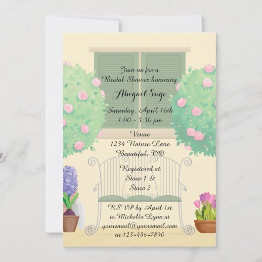 Potted Garden met Bench Bruids Douche Uitnodiging (Achterkant)