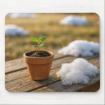 Potted Green Plant with Melting Snow Muismat<br><div class="desc">A tiny green sapling is growing in a clay pot, accompanied by a pile of melting snow on a wooden table</div>