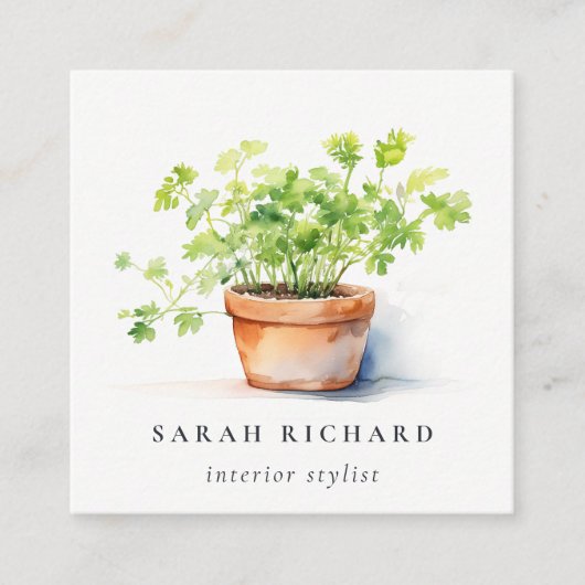 Potted Herb Peterselie Koriander Botanische QR-cod Vierkante Visitekaartje (Voorkant)