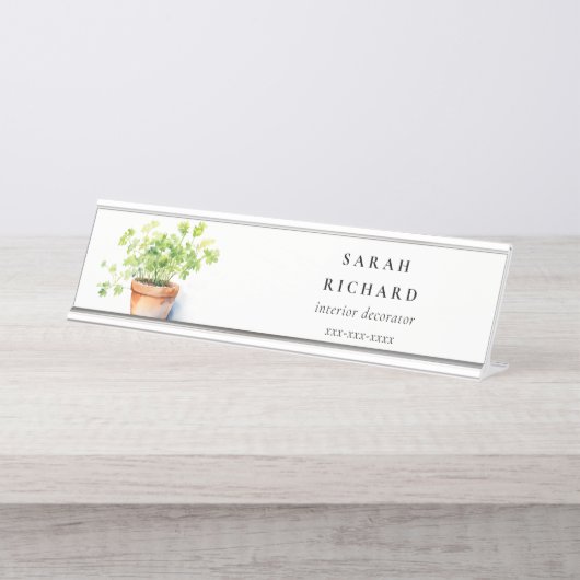 Potted Herb Peterselie Koriander Waterverf Botanis Bureau Naambordje (Voorkant)