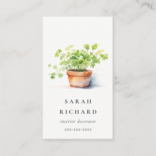 Potted Herb Peterselie Koriander Waterverf Botanis Visitekaartje (Voorkant)