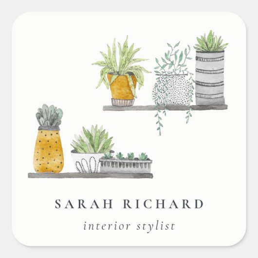 Potted House Planten Waterverf Botanisch Vierkante Sticker (Voorkant)