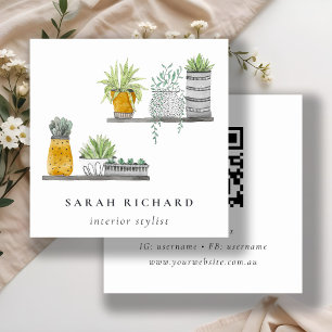 Potted House Planten Waterverf Botanische QR-code Vierkante Visitekaartje