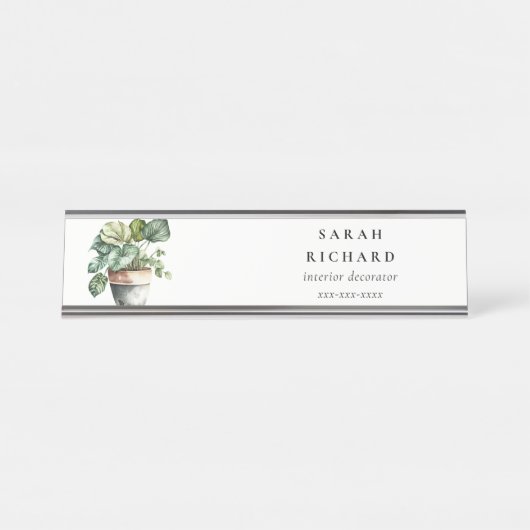 Potted Leafy House Planten Waterverf Botanisch Bureau Naambordje (Voorkant)