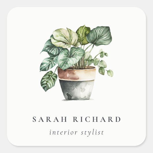 Potted Leafy House Planten Waterverf Botanisch Vierkante Sticker (Voorkant)
