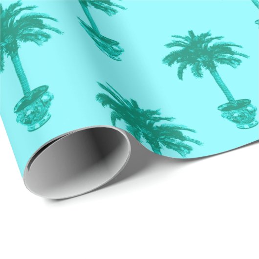 Potted Palm Tree in Turquoise en Aqua Cadeaupapier (Rol Hoek)