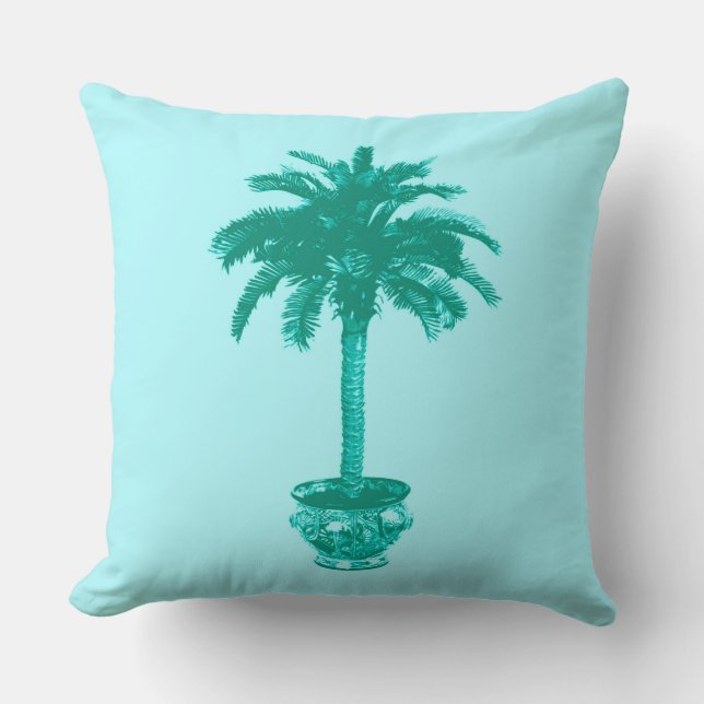 Potted Palm Tree in Turquoise en Aqua Kussen (Voorkant)