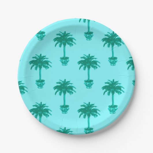 Potted Palm Tree in Turquoise en Aqua Papieren Bordje (Voorkant)