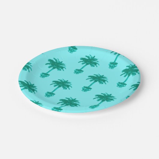 Potted Palm Tree in Turquoise en Aqua Papieren Bordje (Gekanteld)
