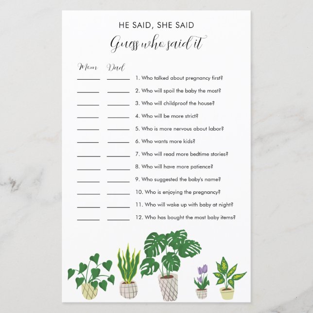 Potted Plants Baby Shower He Said She Said Game (Voorkant)