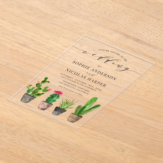 Potten Succulenten en Cactus Boho Bruiloft Acryl Uitnodigingen (Laagn)