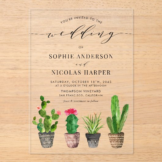 Potten Succulenten en Cactus Boho Bruiloft Acryl Uitnodigingen (Voorkant)