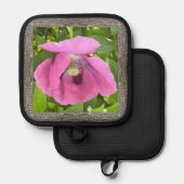 Pottenhouder met mooie roze klaproos pannenlap (Voorkant / Achterkant)