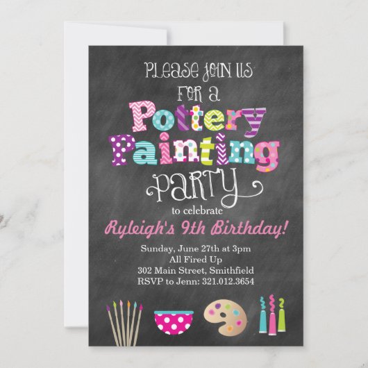Pottery Painting Party Chalkboard Style Uitnodigin Kaart (Voorkant)
