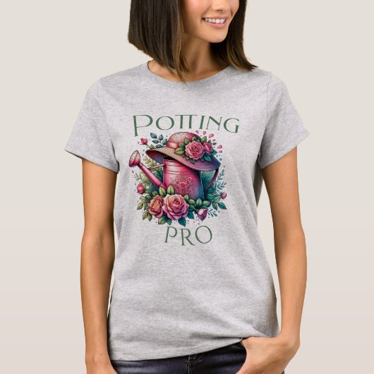 Potting Pro Roze Watering Can Garden Grijs T-shirt (Voorkant)