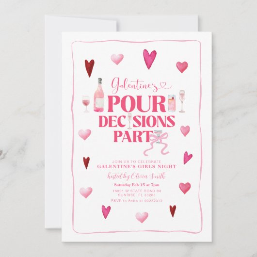 Pour Decisions Pink Galentine Girl's Party Kaart (Voorkant)