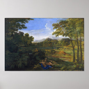 Poussin - Landschap met twee nymfen en een slang Poster