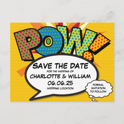 POW Bewaar de datum Fun Retro Comic Book Pop Art Aankondigingskaart (Voorkant)