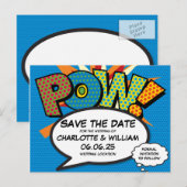 POW Bewaar de datum Fun Retro Comic Book Pop Art Aankondigingskaart (Voorkant / Achterkant)
