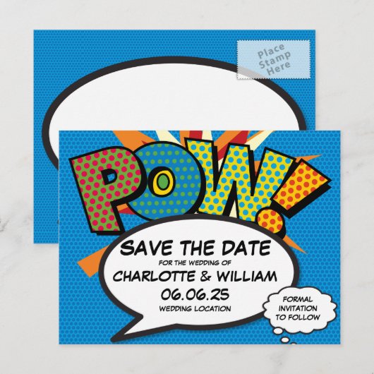 POW Bewaar de datum Fun Retro Comic Book Pop Art Aankondigingskaart (Voorkant / Achterkant)