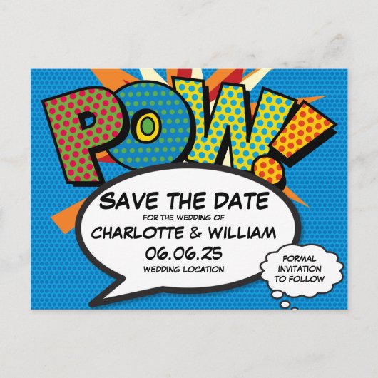 POW Bewaar de datum Fun Retro Comic Book Pop Art Aankondigingskaart (Voorkant)