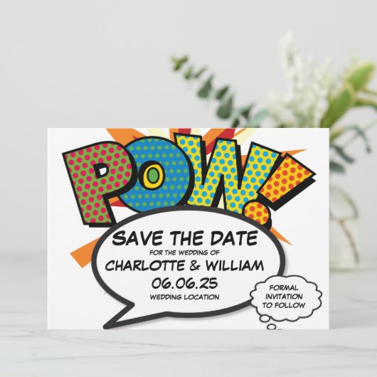 POW Bewaar de datum Fun Retro Comic Book Pop Art Kaart (Staand voorkant)
