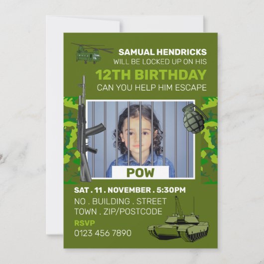 POW, War Threaded Escape Room, Birthday Party Kaart (Voorkant)
