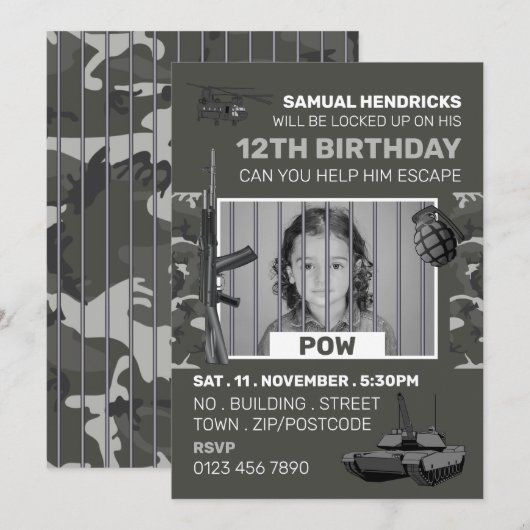 POW, War Threaded Escape Room, Birthday Party Kaart (Voorkant / Achterkant)