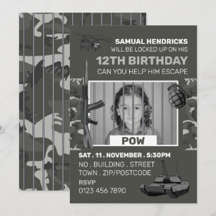 POW, War Threaded Escape Room, Birthday Party Kaart