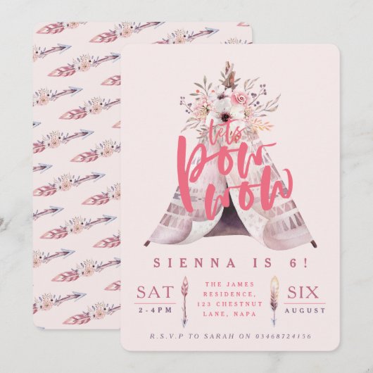 Pow wow de verjaardagsfeestje nodigt uit kaart (Voorkant / Achterkant)