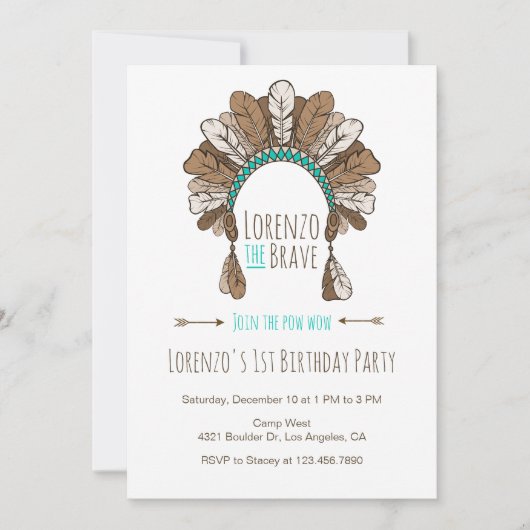 Pow Wow Headdress Tribal Birthday Party Invitation Kaart (Voorkant)