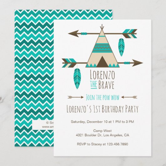 Pow Wow Tribal verjaardagsfeestje uitnodiging (Voorkant / Achterkant)