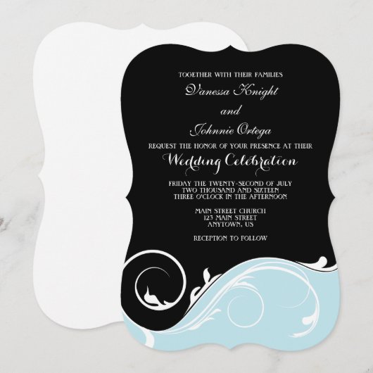 Powder Blue Black Swirl Bracket Wedding Invitae Kaart (Voorkant / Achterkant)