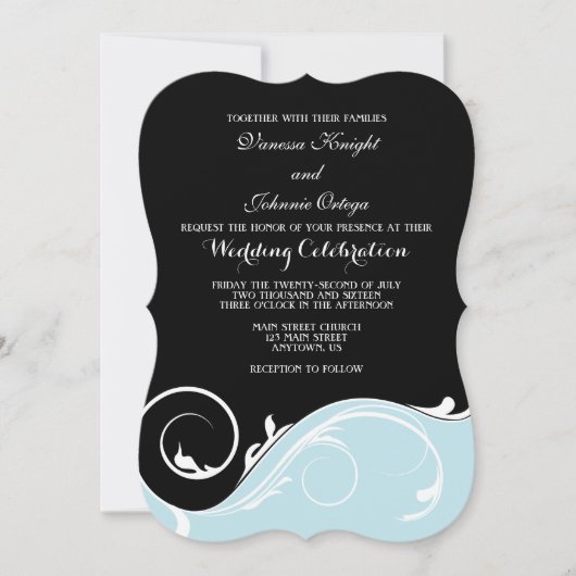 Powder Blue Black Swirl Bracket Wedding Invitae Kaart (Voorkant)