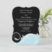Powder Blue Black Swirl Bracket Wedding Invitae Kaart (Staand voorkant)