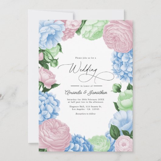 Powder Blue, Blush Pink/Light Sage Floral Wedding Kaart (Voorkant)