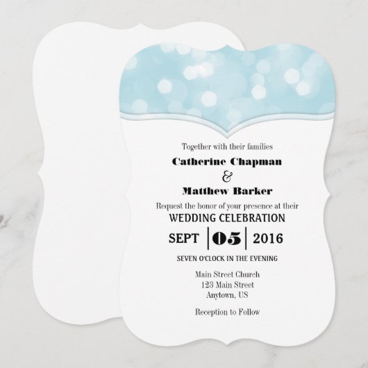 Powder Blue Bokeh Glitter Lights Wedding Invites Kaart (Voorkant / Achterkant)