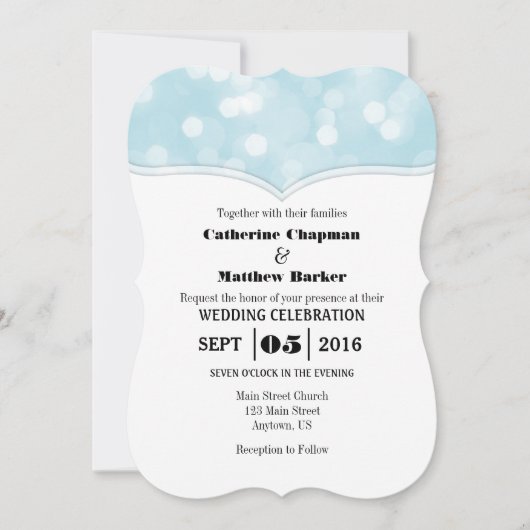 Powder Blue Bokeh Glitter Lights Wedding Invites Kaart (Voorkant)