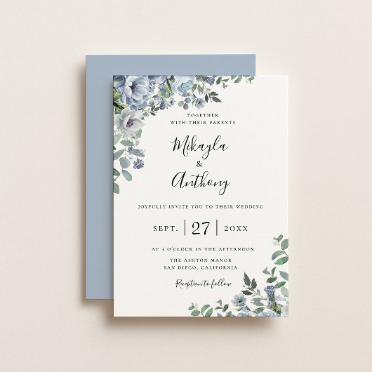 Powder Blue Botanical Floral Weddenschap Kaart