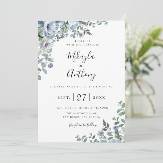 Powder Blue Botanical Floral Weddenschap Kaart (Staand voorkant)