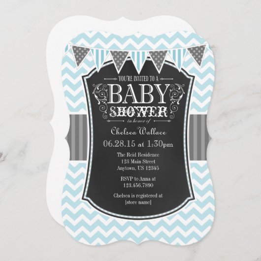 Powder Blue Chalkboard Chevron Baby shower Invite Kaart (Voorkant / Achterkant)