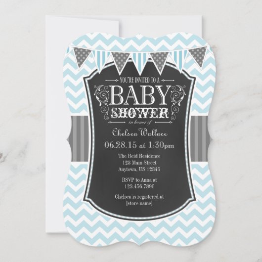 Powder Blue Chalkboard Chevron Baby shower Invite Kaart (Voorkant)