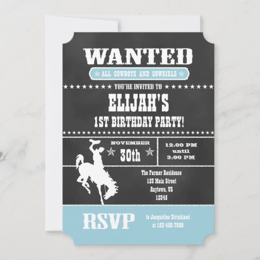 Powder Blue Chalkboard Cowboy Birthday Uitnodiging (Voorkant)